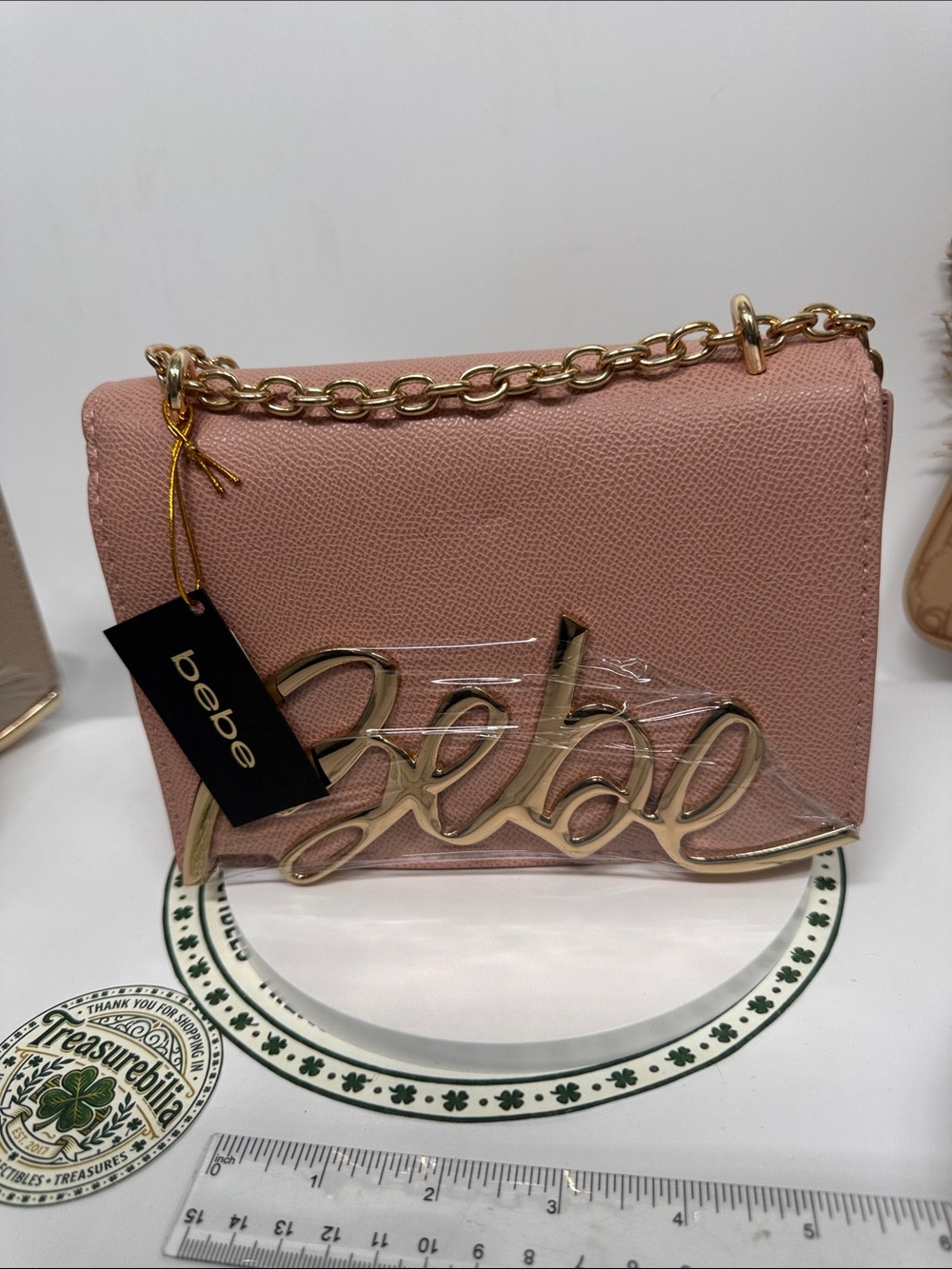 bebe  Gabriel Blush Pink Chain Crossbody Bag with Gold Logo